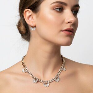 ALDO Gold Tone Chunky Chain Butterfly Necklace & Hoop Earring Set | CZ Crystal